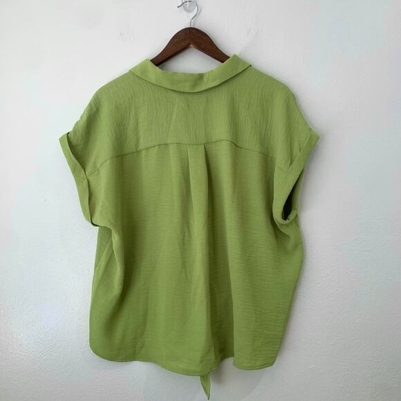 NWT Adriana Papell Blouse Button Down Tie Waist Large Short Sleeve Collar Green - Picture 2 of 9